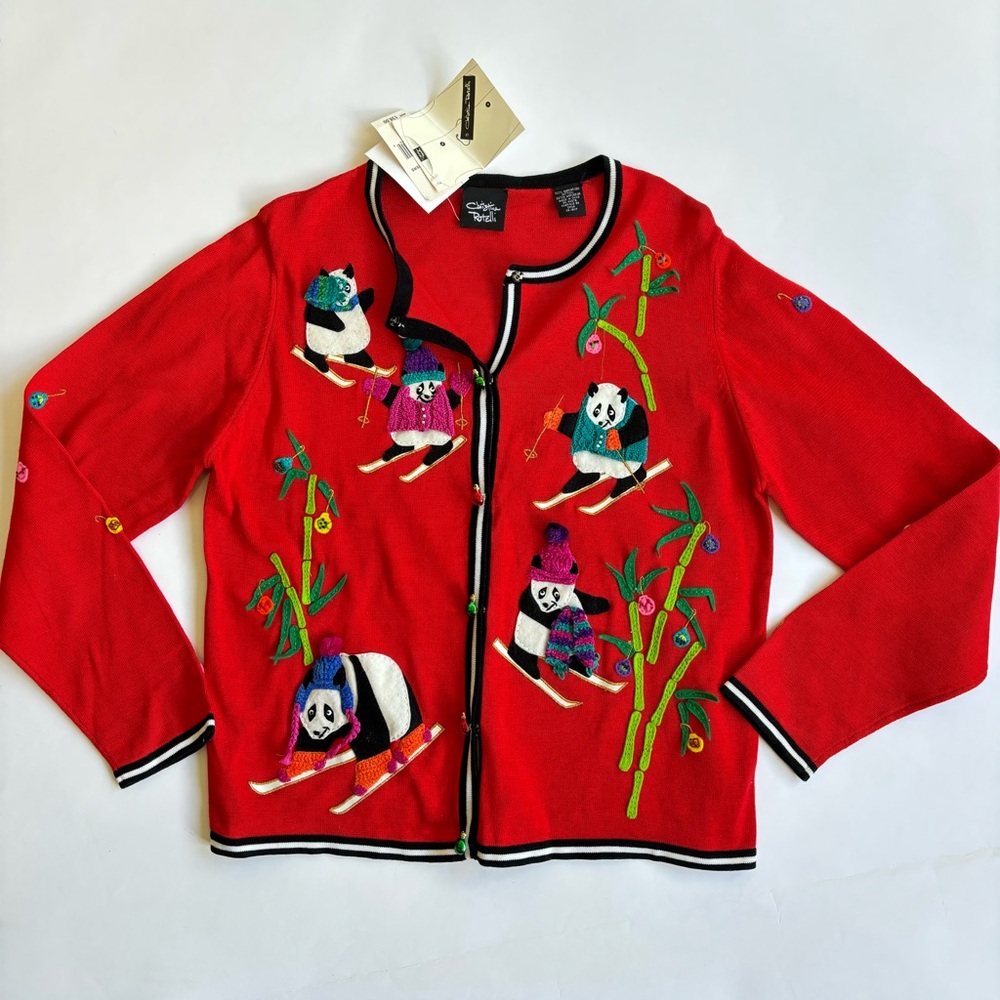 Christmas cardigan sweater L panda novelty red Christina Rotelli cotton crewneck